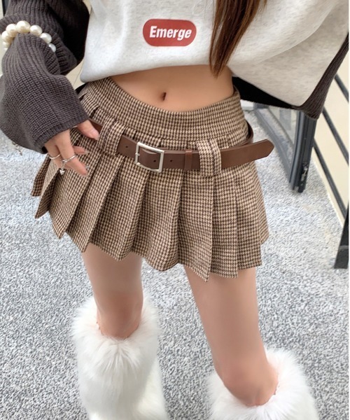 セール】Y2K ベルト付きプリーツハウンドトゥースミニスカート