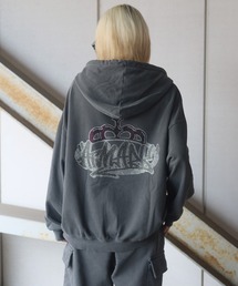 《2サイズ展開 / UNISEX 》ATMARK クラウンロゴラインストーンスウェットジップパーカー クラック加工 セットアップ可能