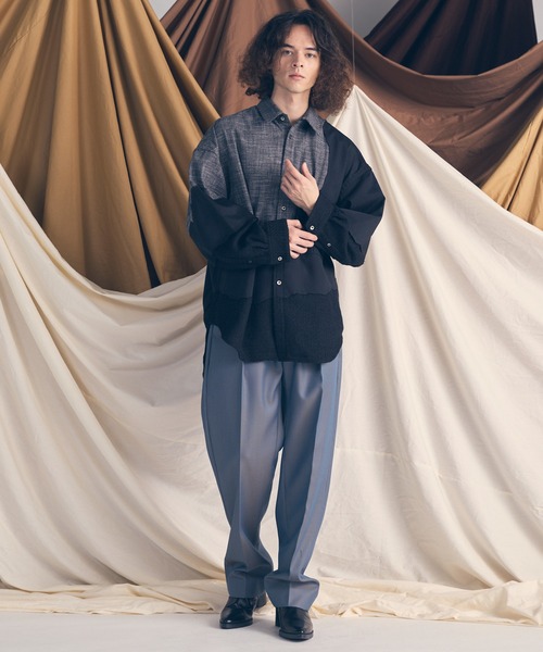 UNISEX》Zigzag Different Material Docking Prime-Over Shirt