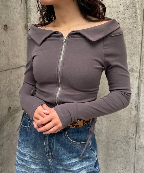 セール】襟付きオフショルダーショートトップス（Tシャツ/カットソー