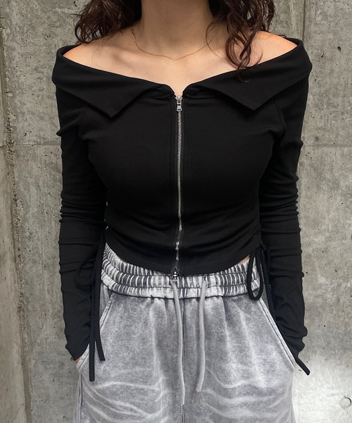 セール】襟付きオフショルダーショートトップス（Tシャツ/カットソー