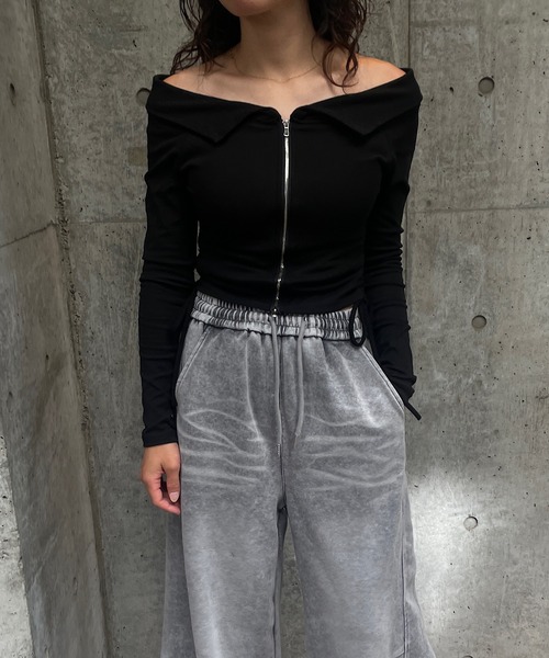 セール】襟付きオフショルダーショートトップス（Tシャツ/カットソー