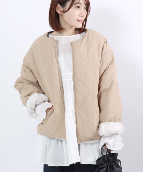 Salong hameu(サロン ハミュー)の「ウェーブキルト×フェイクファー リバーシブルノーカラージャケットブルゾン レディース(ノーカラージャケット・レディース・グレイッシュベージュ/ベージュ/モカ・M/L)」の16枚目の写真