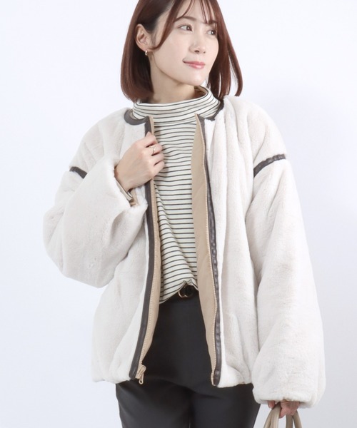 Salong hameu(サロン ハミュー)の「ウェーブキルト×フェイクファー リバーシブルノーカラージャケットブルゾン レディース(ノーカラージャケット・レディース・グレイッシュベージュ/ベージュ/モカ・M/L)」の17枚目の写真