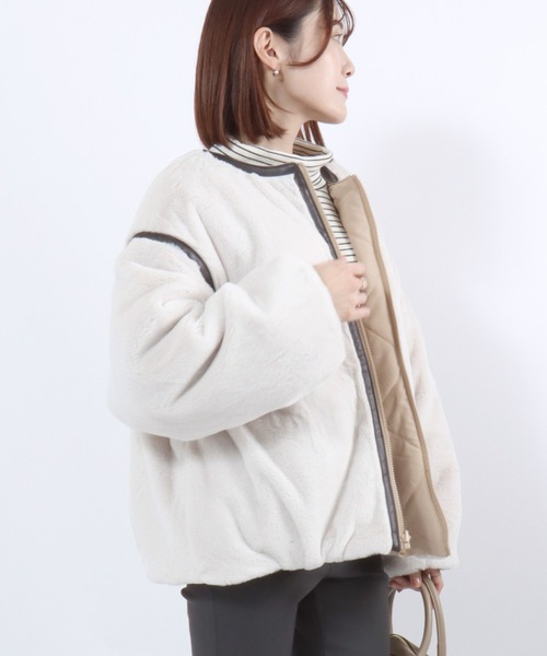 Salong hameu(サロン ハミュー)の「ウェーブキルト×フェイクファー リバーシブルノーカラージャケットブルゾン レディース(ノーカラージャケット・レディース・グレイッシュベージュ/ベージュ/モカ・M/L)」の18枚目の写真