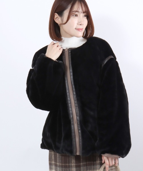 Salong hameu(サロン ハミュー)の「ウェーブキルト×フェイクファー リバーシブルノーカラージャケットブルゾン レディース(ノーカラージャケット・レディース・グレイッシュベージュ/ベージュ/モカ・M/L)」の7枚目の写真