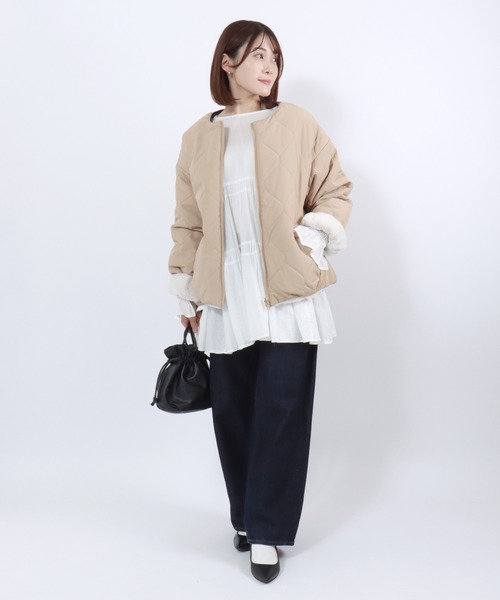 Salong hameu(サロン ハミュー)の「ウェーブキルト×フェイクファー リバーシブルノーカラージャケットブルゾン レディース(ノーカラージャケット・レディース・グレイッシュベージュ/ベージュ/モカ・M/L)」の22枚目の写真