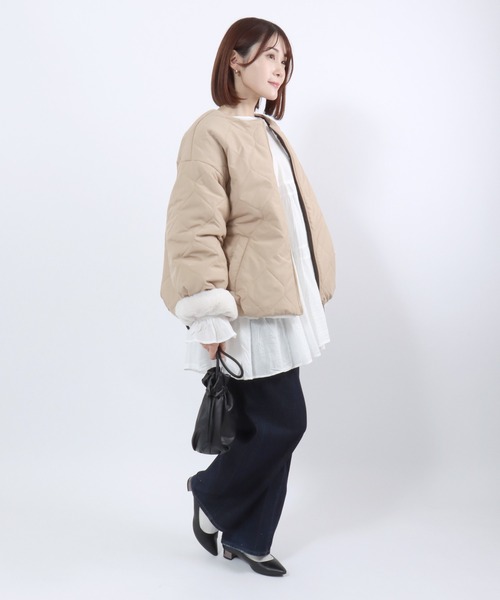Salong hameu(サロン ハミュー)の「ウェーブキルト×フェイクファー リバーシブルノーカラージャケットブルゾン レディース(ノーカラージャケット・レディース・グレイッシュベージュ/ベージュ/モカ・M/L)」の21枚目の写真