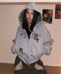 gossip！ロサンゼルス | Y2K 【秋冬新作】レオパード  刺繍フードゆったり パーカー(パーカー)