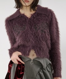 Ezick | shaggy polo cardigan フラワー刺繍シャギーポロカーディガン(カーディガン/ボレロ)