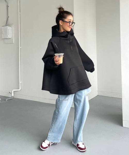CHERI since1985(シェリ)の「ボンディングテントシルエットハーフジップフーディー(パーカー・レディース・ブラック/ホワイト・FREE)」の5枚目の写真