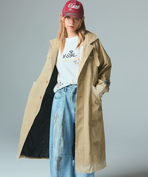 X-girl(エックスガール)の「FADED STAND COLLAR LONG COAT(トレンチコート・レディース・ブラック/ベージュ・S/M)」の1枚目の写真