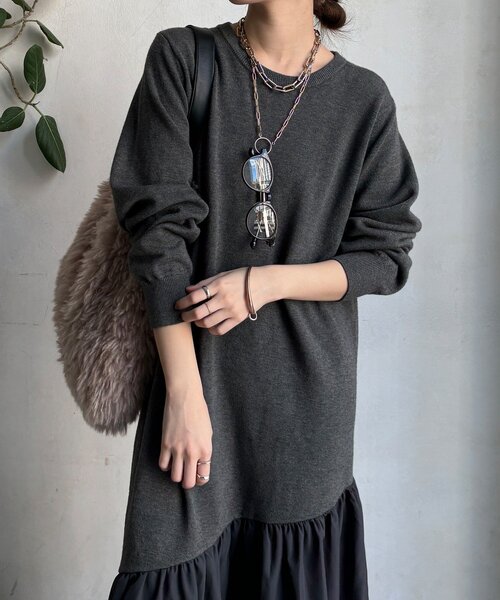 DouDou(ドゥドゥ)の「【WEB限定】異素材切替ニットワンピース(ワンピース・レディース・チャコールグレー/ブラック・FREE)」の18枚目の写真