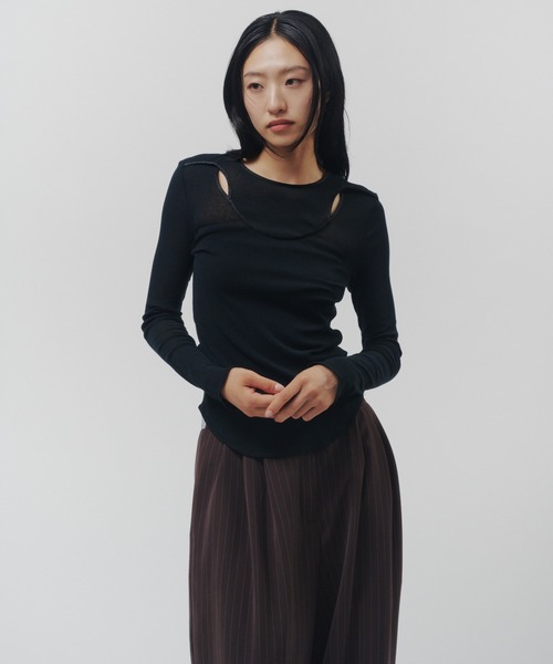 THINGS THAT MATTER(シングス ザット マター)の「SHEER LAYERED RIB TOPS / シアー レイヤード リブ トップス(Tシャツ/カットソー・レディース・ブラック/ブラック×ホワイト/グレイッシュベージュ・FREE)」の2枚目の写真