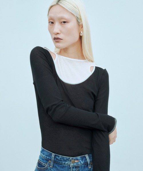THINGS THAT MATTER(シングス ザット マター)の「SHEER LAYERED RIB TOPS / シアー レイヤード リブ トップス(Tシャツ/カットソー・レディース・ブラック/ブラック×ホワイト/グレイッシュベージュ・FREE)」の10枚目の写真