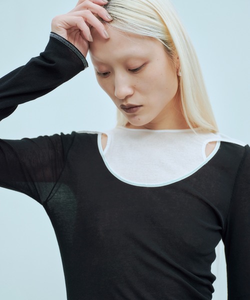THINGS THAT MATTER(シングス ザット マター)の「SHEER LAYERED RIB TOPS / シアー レイヤード リブ トップス(Tシャツ/カットソー・レディース・ブラック/ブラック×ホワイト/グレイッシュベージュ・FREE)」の11枚目の写真