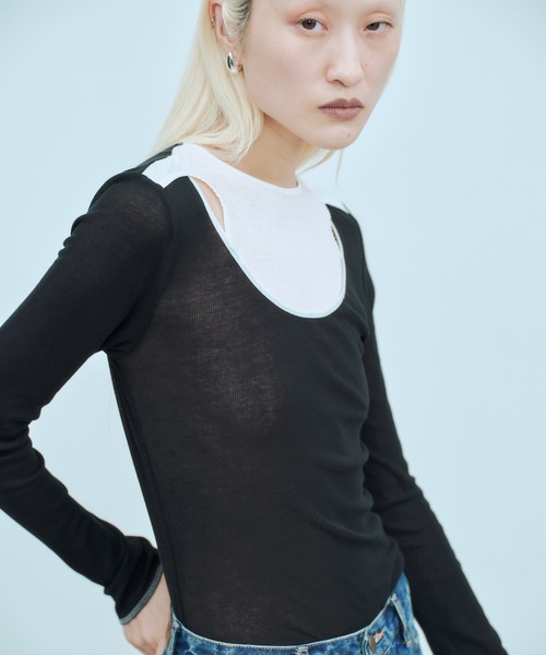 THINGS THAT MATTER(シングス ザット マター)の「SHEER LAYERED RIB TOPS / シアー レイヤード リブ トップス(Tシャツ/カットソー・レディース・ブラック/ブラック×ホワイト/グレイッシュベージュ・FREE)」の12枚目の写真
