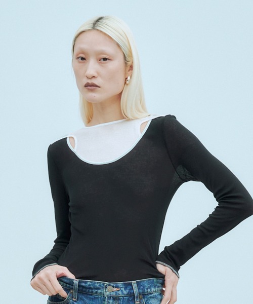 THINGS THAT MATTER(シングス ザット マター)の「SHEER LAYERED RIB TOPS / シアー レイヤード リブ トップス(Tシャツ/カットソー・レディース・ブラック/ブラック×ホワイト/グレイッシュベージュ・FREE)」の13枚目の写真