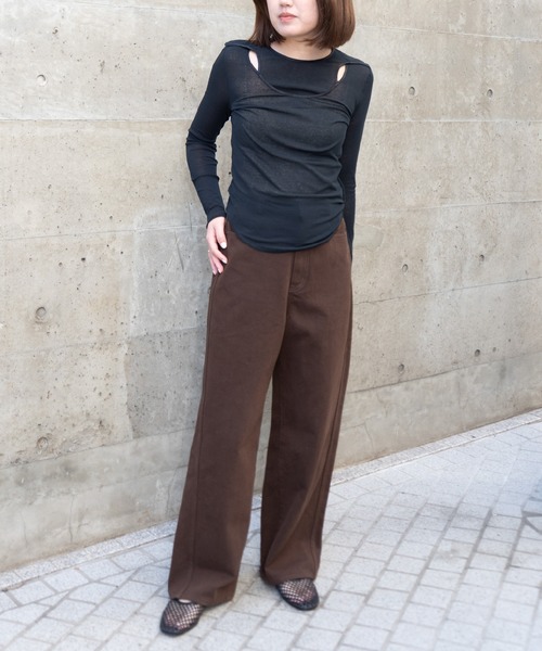 THINGS THAT MATTER(シングス ザット マター)の「SHEER LAYERED RIB TOPS / シアー レイヤード リブ トップス(Tシャツ/カットソー・レディース・ブラック/ブラック×ホワイト/グレイッシュベージュ・FREE)」の5枚目の写真