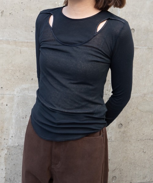 THINGS THAT MATTER(シングス ザット マター)の「SHEER LAYERED RIB TOPS / シアー レイヤード リブ トップス(Tシャツ/カットソー・レディース・ブラック/ブラック×ホワイト/グレイッシュベージュ・FREE)」の6枚目の写真