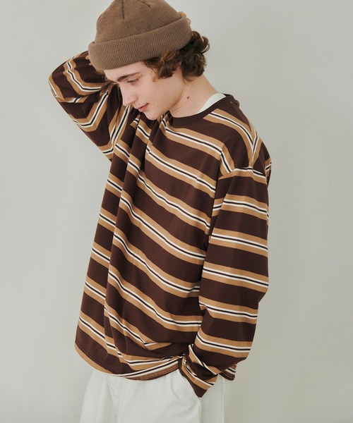 MAISON CLUB（メゾンクラブ）の「【MAISON CLUB】Over Multi Border Tee / オーバーマルチボーダーTee 長袖　ロンT（Tシャツ/カットソー・メンズ・チャコールグレー/ブラウン/ネイビー・M/L）」の18枚目の写真