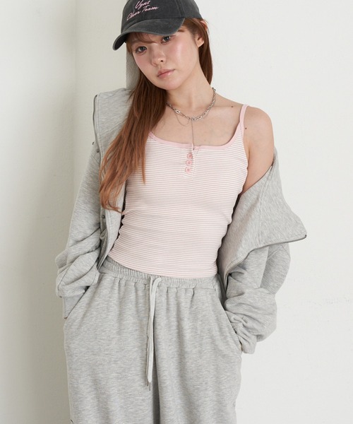 RAY CASSIN(レイカズン)の「パット付ボーダーヘンリーキャミ(キャミソール・レディース・ホワイト/ピンク/グレー/ブラック・FREE)」の9枚目の写真