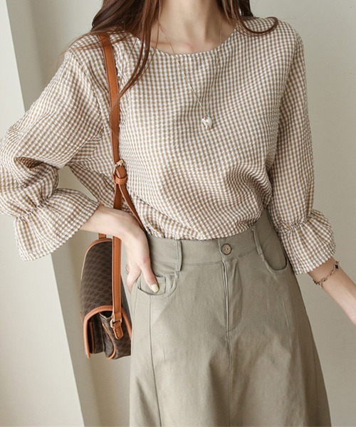 Flugge(フラッジー)の「ギンガムチェックフリルブラウス(シャツ/ブラウス・レディース・ベージュ/ブルー・MEDIUM/LARGE)」の2枚目の写真