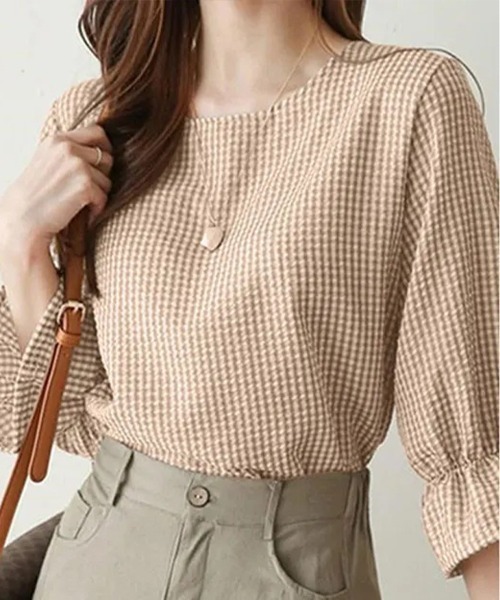 Flugge(フラッジー)の「ギンガムチェックフリルブラウス(シャツ/ブラウス・レディース・ベージュ/ブルー・MEDIUM/LARGE)」の6枚目の写真