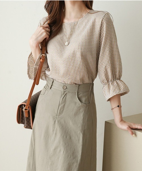 Flugge(フラッジー)の「ギンガムチェックフリルブラウス(シャツ/ブラウス・レディース・ベージュ/ブルー・MEDIUM/LARGE)」の8枚目の写真