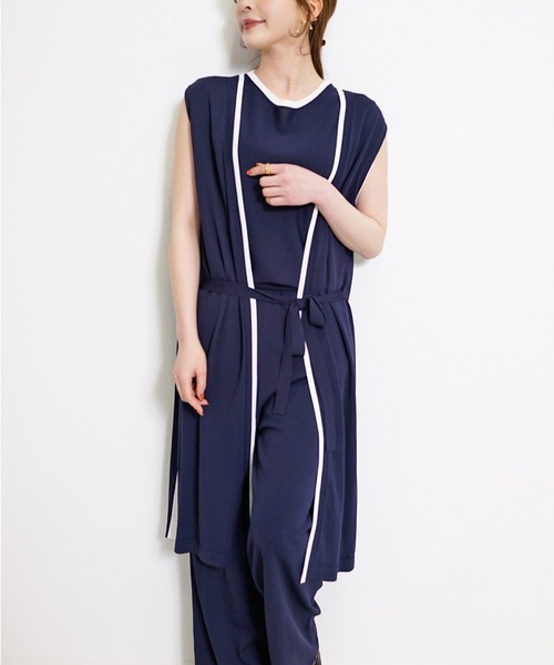 CHhdmn(シーエイチヒデモン)の「【接触冷感】ロングジレ ベスト バイカラー サマーニット ロングベスト/袖なし(ベスト・レディース・ブラック/ネイビー・FREE)」の2枚目の写真