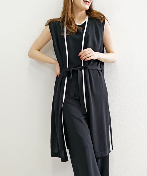 CHhdmn(シーエイチヒデモン)の「【接触冷感】ロングジレ ベスト バイカラー サマーニット ロングベスト/袖なし(ベスト・レディース・ブラック/ネイビー・FREE)」の1枚目の写真