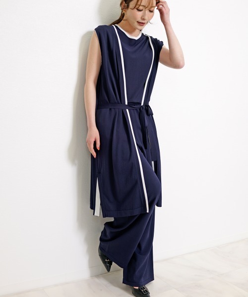 CHhdmn(シーエイチヒデモン)の「【接触冷感】ロングジレ ベスト バイカラー サマーニット ロングベスト/袖なし(ベスト・レディース・ブラック/ネイビー・FREE)」の3枚目の写真