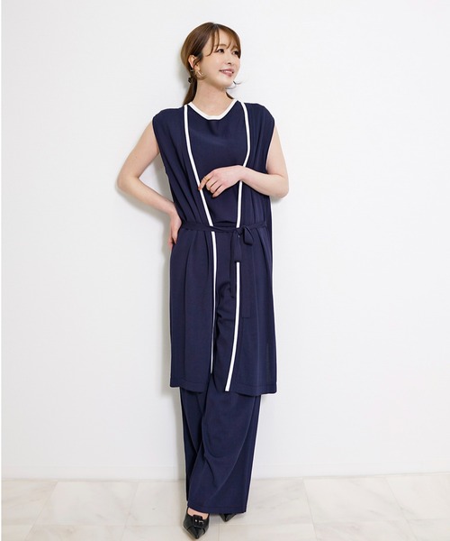 CHhdmn(シーエイチヒデモン)の「【接触冷感】ロングジレ ベスト バイカラー サマーニット ロングベスト/袖なし(ベスト・レディース・ブラック/ネイビー・FREE)」の4枚目の写真