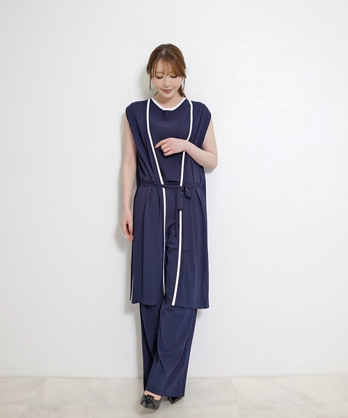 CHhdmn(シーエイチヒデモン)の「【接触冷感】ロングジレ ベスト バイカラー サマーニット ロングベスト/袖なし(ベスト・レディース・ブラック/ネイビー・FREE)」の5枚目の写真