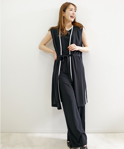 CHhdmn(シーエイチヒデモン)の「【接触冷感】ロングジレ ベスト バイカラー サマーニット ロングベスト/袖なし(ベスト・レディース・ブラック/ネイビー・FREE)」の6枚目の写真