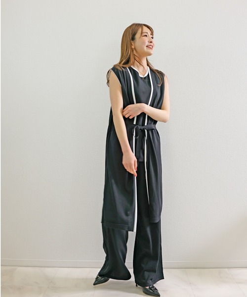 CHhdmn(シーエイチヒデモン)の「【接触冷感】ロングジレ ベスト バイカラー サマーニット ロングベスト/袖なし(ベスト・レディース・ブラック/ネイビー・FREE)」の7枚目の写真