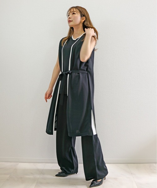 CHhdmn(シーエイチヒデモン)の「【接触冷感】ロングジレ ベスト バイカラー サマーニット ロングベスト/袖なし(ベスト・レディース・ブラック/ネイビー・FREE)」の9枚目の写真