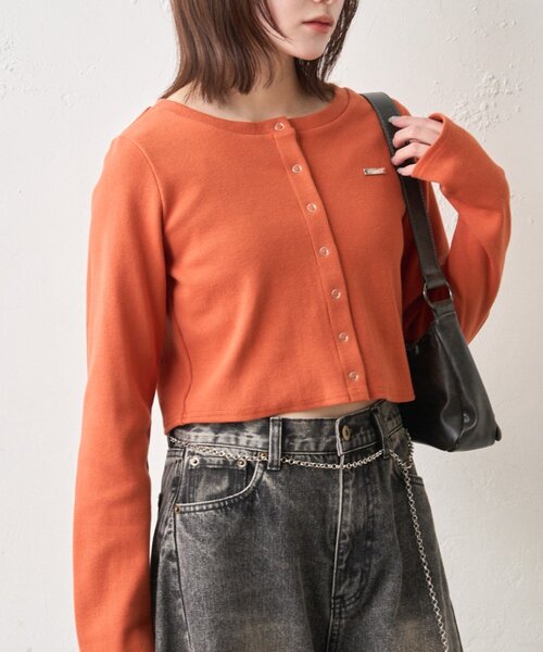 mline（エムライン）の「[mline]プレートロゴ リブカーディガン（Tシャツ/カットソー・レディース・ライム/オレンジ/オフホワイト/グレー・FREE）」の4枚目の写真