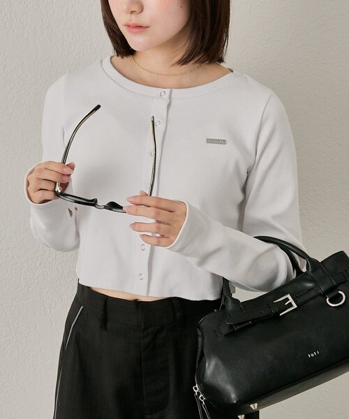 mline（エムライン）の「[mline]プレートロゴ リブカーディガン（Tシャツ/カットソー・レディース・ライム/オレンジ/オフホワイト/グレー・FREE）」の5枚目の写真