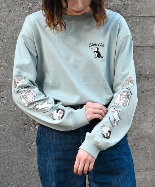Bleu Bleuet(ブルーブルーエ)の「ネコ袖プリントロンT(Tシャツ/カットソー・レディース・ブルーグリーン/グリーン/チャコール・M)」の2枚目の写真