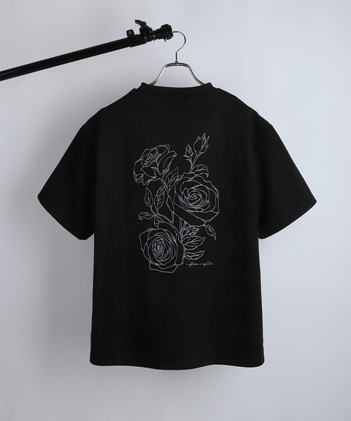 フェイクスエード 薔薇 フラワー バックプリント × ワンポイント刺繍