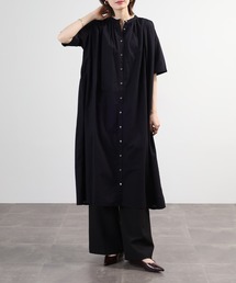 nachukara 日本製 綿麻混 ワッシャーギャザーワンピース 綿麻ボイル使用 5分袖