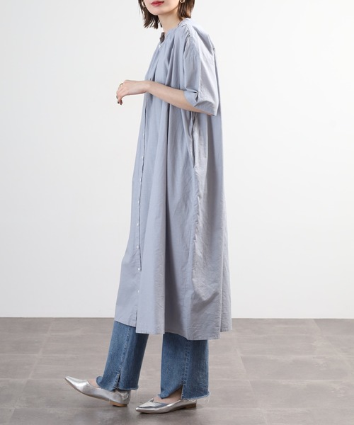 nachukara(ナチュカラ)の「nachukara 日本製 綿麻混 ワッシャーギャザーワンピース 綿麻ボイル使用 5分袖(ワンピース・レディース・ブラック/ブルーグレー・FREE)」の5枚目の写真