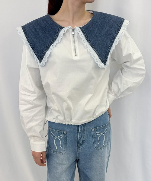 frunco（フランコ）の「デニムカラーハーフジップブラウス（シャツ/ブラウス・レディース・ブルー/イエロー/ピンク/ホワイト・FREE）」の7枚目の写真