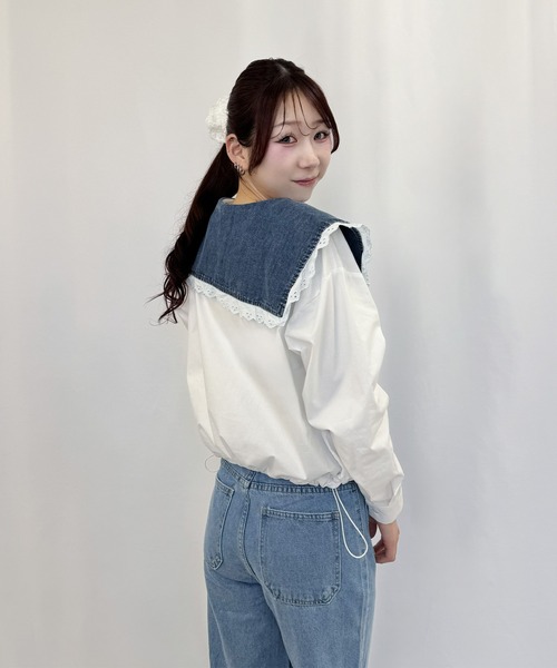 frunco（フランコ）の「デニムカラーハーフジップブラウス（シャツ/ブラウス・レディース・ブルー/イエロー/ピンク/ホワイト・FREE）」の10枚目の写真