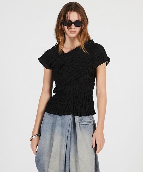 PRANK PROJECT（プランクプロジェクト）の「クレープシャーリングトップス / Crepe Shirring Top（シャツ/ブラウス・レディース・ブラック/アイボリー・FREE）」の2枚目の写真