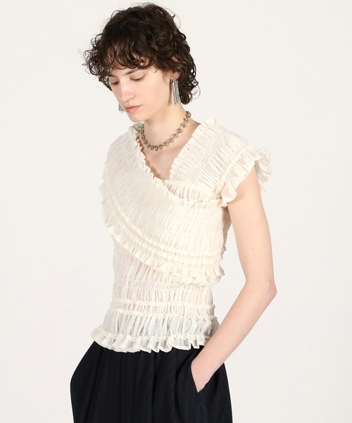 PRANK PROJECT（プランクプロジェクト）の「クレープシャーリングトップス / Crepe Shirring Top（シャツ/ブラウス・レディース・ブラック/アイボリー・FREE）」の6枚目の写真