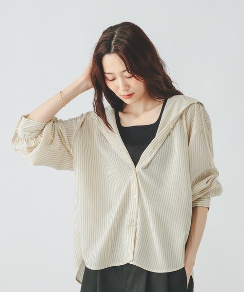 GLOBAL WORK（グローバルワーク）の「UVプロテクトフードシャツ/646416（Tシャツ/カットソー・レディース・サックスブルー系/オフホワイト/グレイッシュベージュ/ブラック/ブラウン系その他・LARGE/MEDIUM）」の3枚目の写真