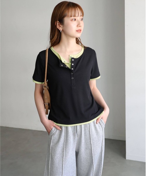 tiptop（ティップトップ）の「[新色追加]配色シアー×ヘンリーネックレイヤードT（Tシャツ/カットソー・レディース・ブラック/オフホワイト/チャコールグレー/ブラウン/グレー系その他・FREE）」の18枚目の写真