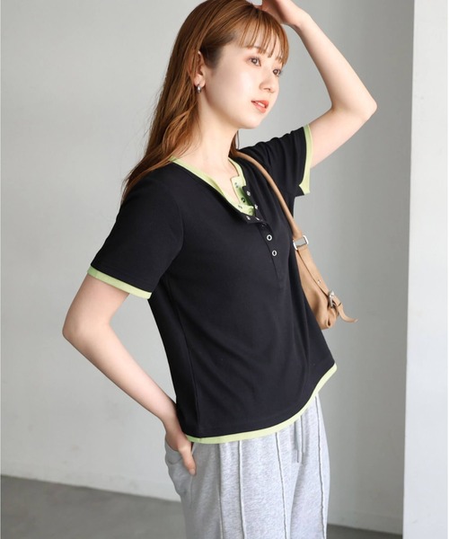 tiptop（ティップトップ）の「[新色追加]配色シアー×ヘンリーネックレイヤードT（Tシャツ/カットソー・レディース・ブラック/オフホワイト/チャコールグレー/ブラウン/グレー系その他・FREE）」の20枚目の写真
